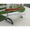Stainless steel park bench seating with cast iron bench legs and wood backrest